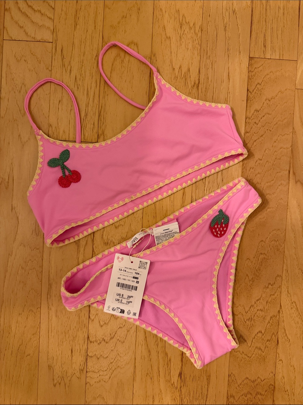 Zara Pink Girls Two-Piece Swim Set with Cherry & Strawberry Appliqués